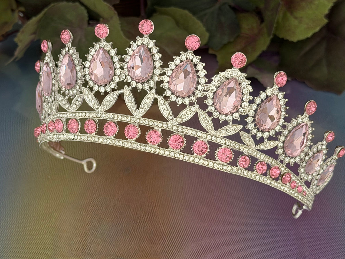 Light Pink Teardrop Silver Tiara | Soft Glamour & Sophistication