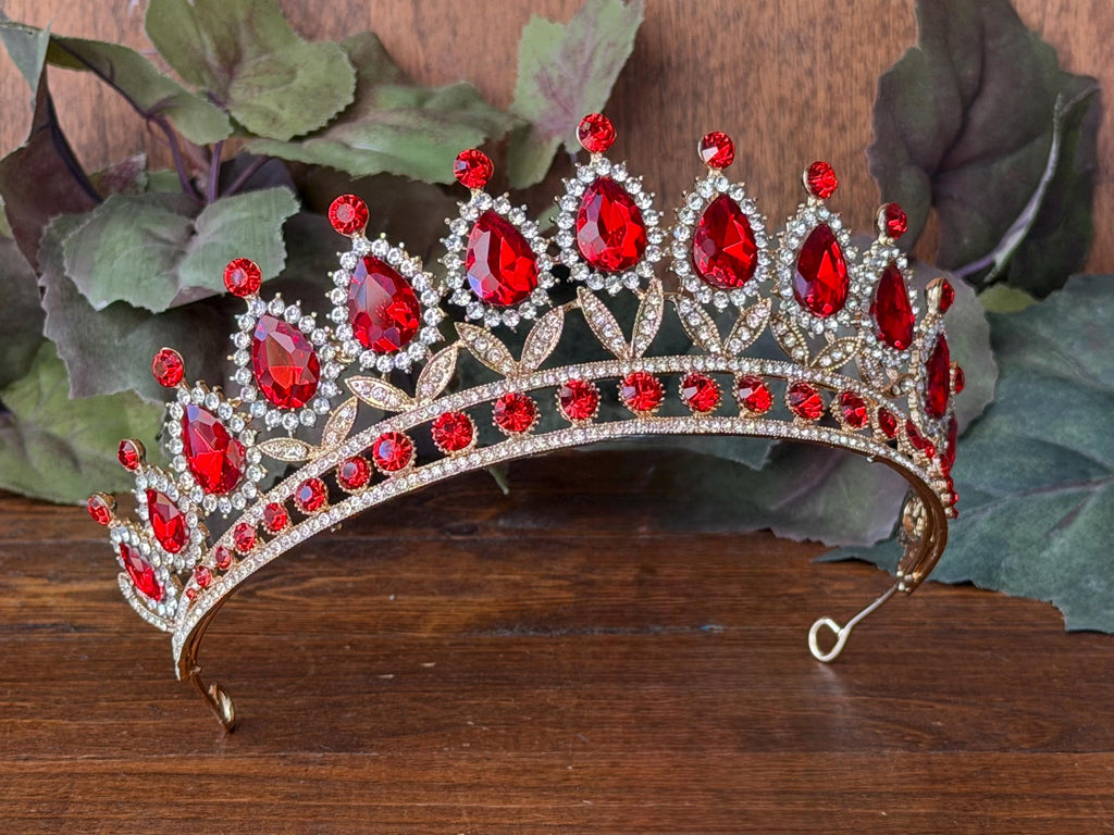 Ruby Red Glamour | Elegant Teardrop Gold Tiara