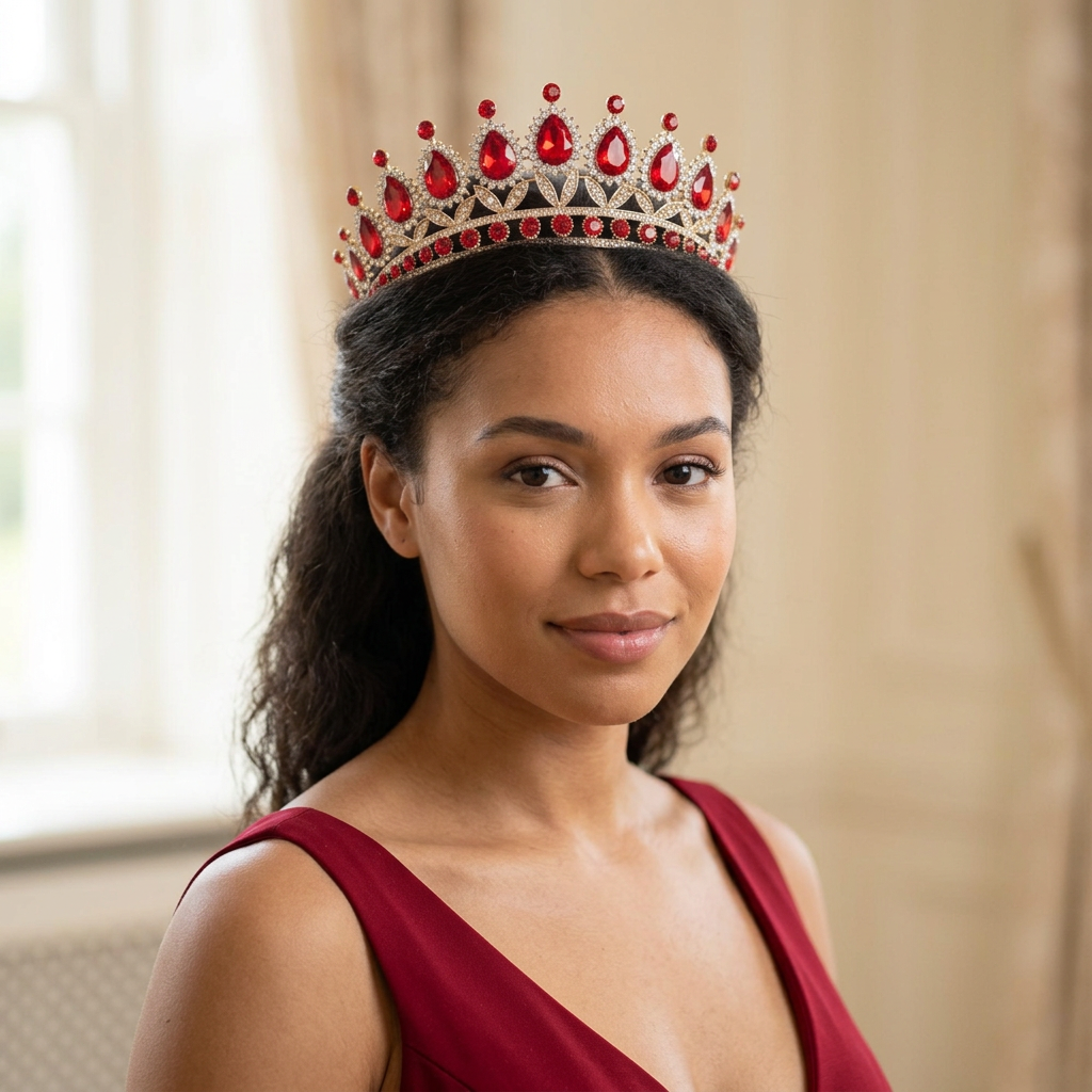 Adult woman wearing the Ruby Red Glamour 1253 tiara