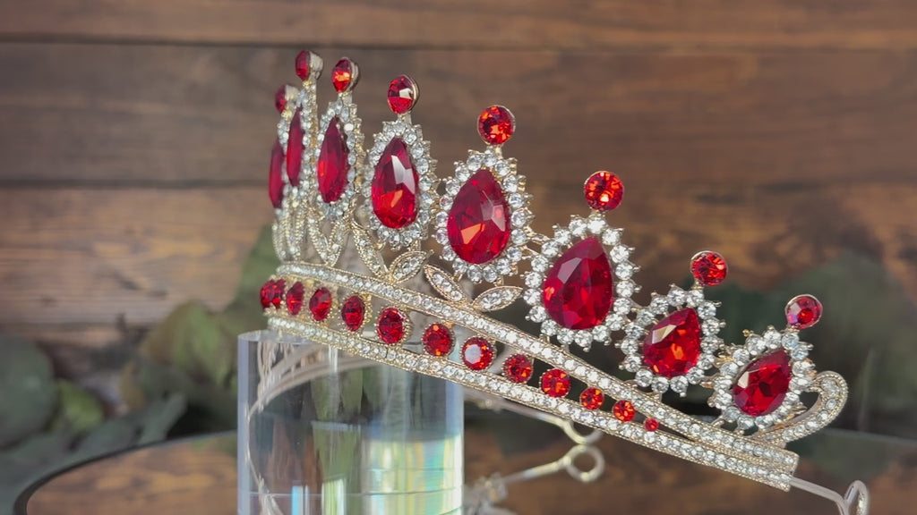 Ruby Red Glamour | Elegant Teardrop Gold Tiara
