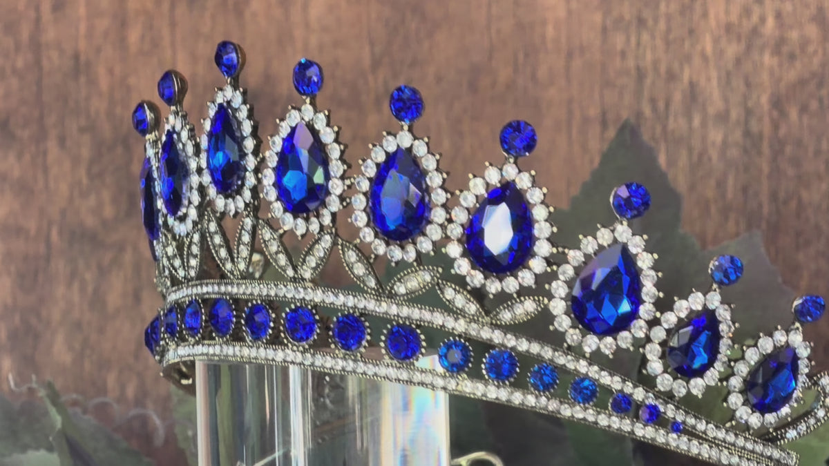 Royal Blue Teardrop Antique Tiara | Unique Birthday Pageant