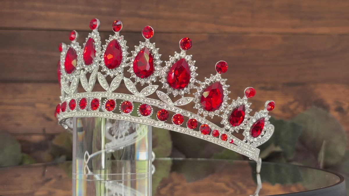 Ruby Red Radiance | Elegant Teardrop Gold Tiara