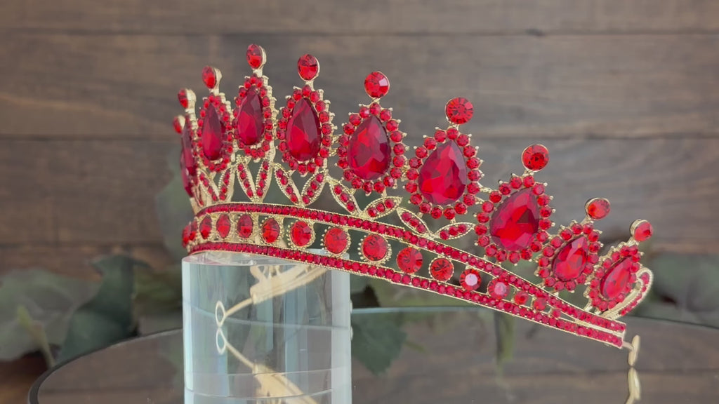 Full Ruby Red Teardrop Tiara | Quinceañera and Gala