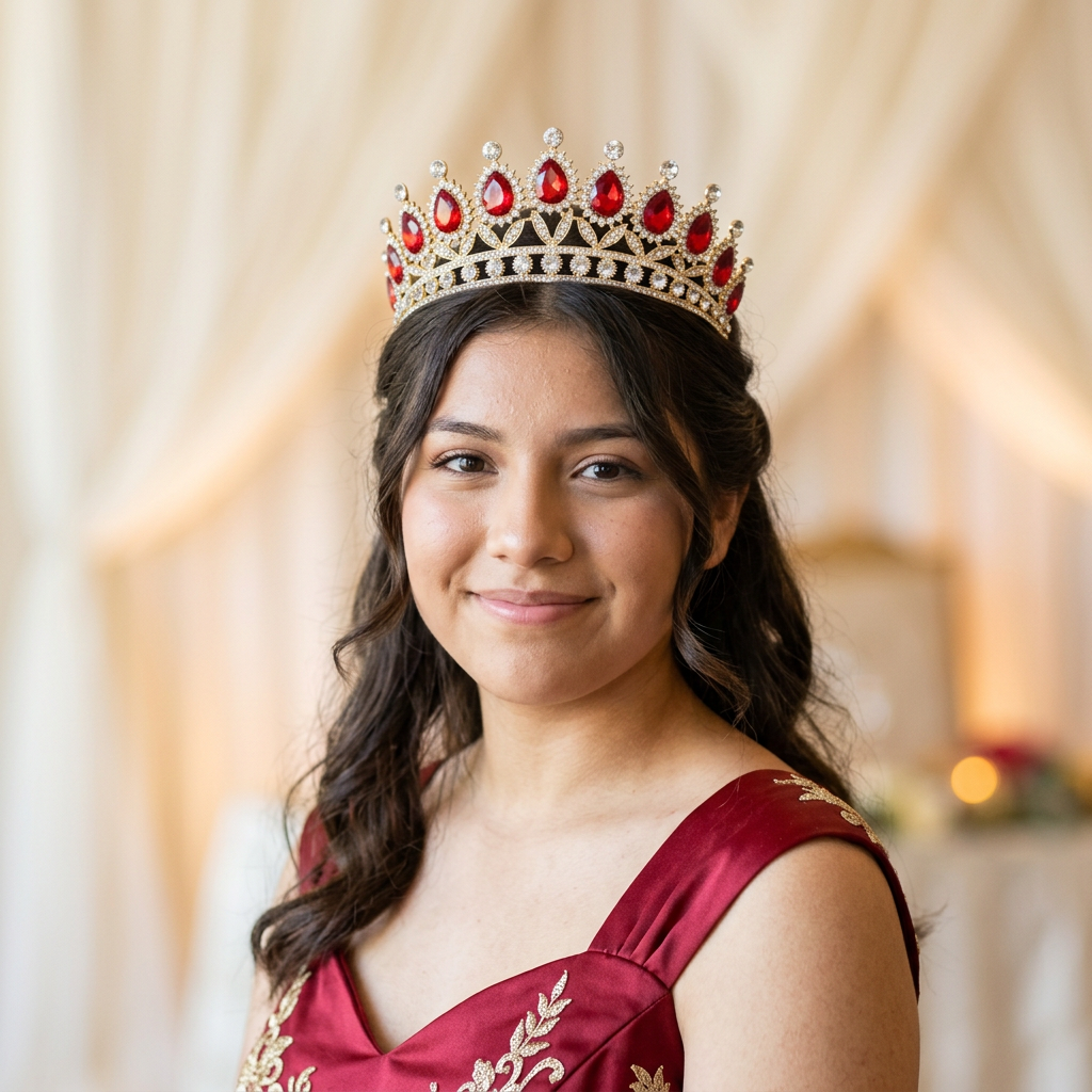 Quinceañera portrait featuring your red-and-gold 1253 tiara