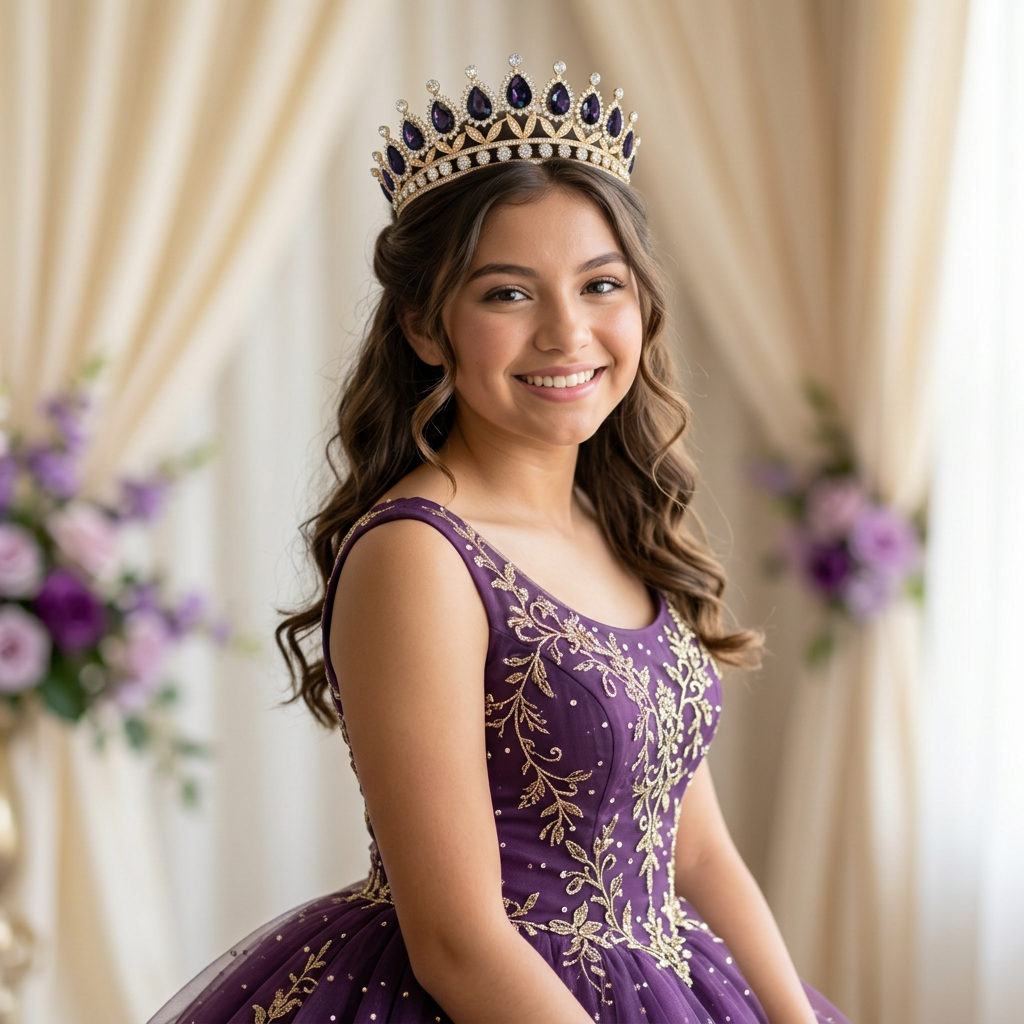Quinceañera portrait with the Purple Teardrop Gold Tiara