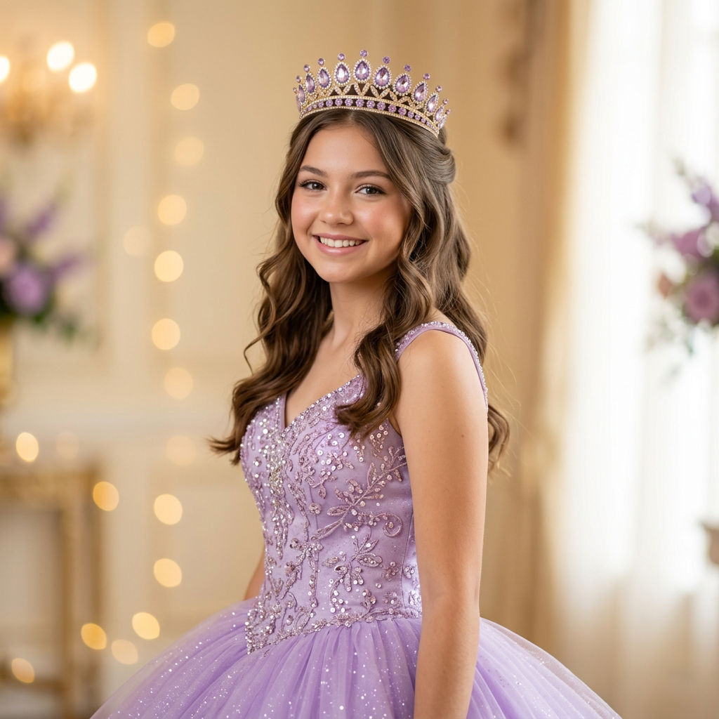 Quinceañera wearing your lilac-and-gold tiara with a sparkling lilac dress