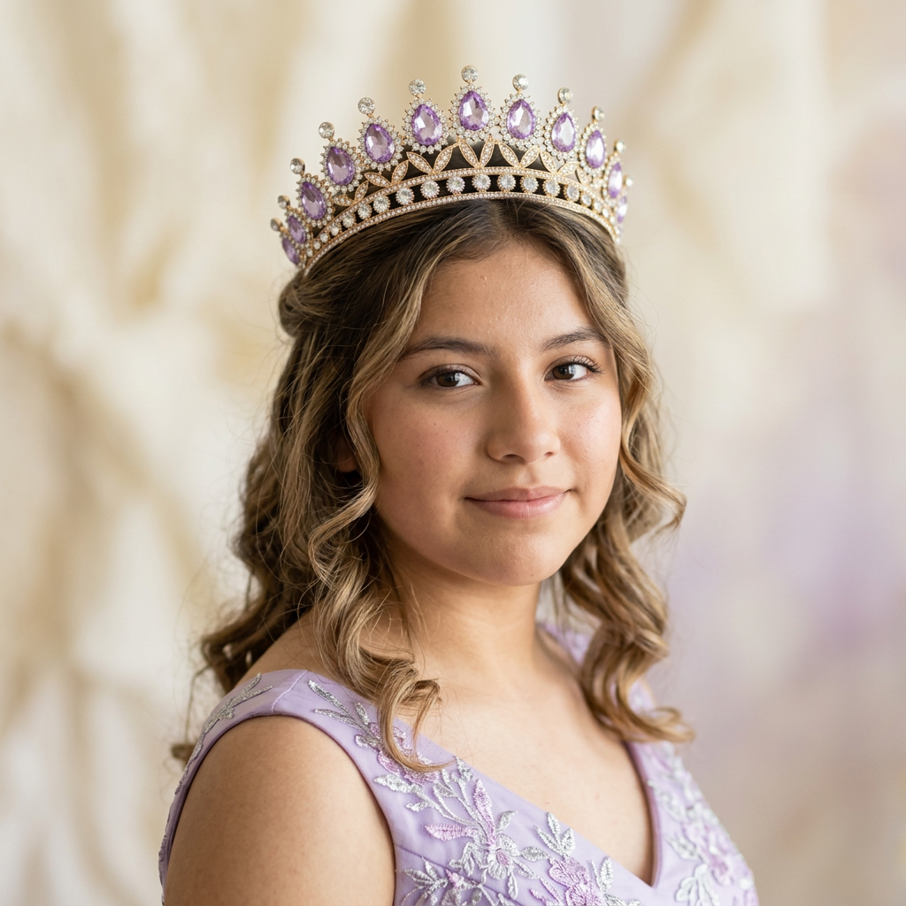 Revised quinceañera portrait featuring your lilac-and-gold tiara